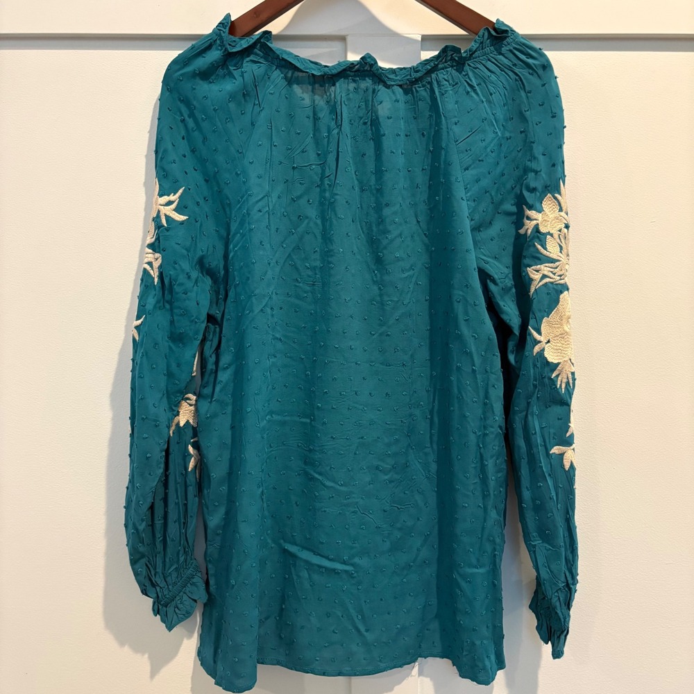 Solitaire Teal Swiss Dot Embroidered Peasant Blouse Boho Tassel Tunic Top Small - Picture 8 of 13